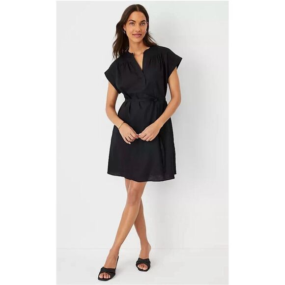 NWT Ann Taylor Linen Belted Split Neck Shirt Dress Sz XL Black Quiet Luxury Mini - Picture 1 of 10